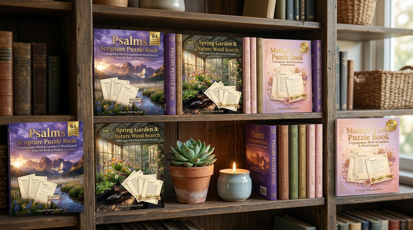 Styled bookshelf with puzzle books