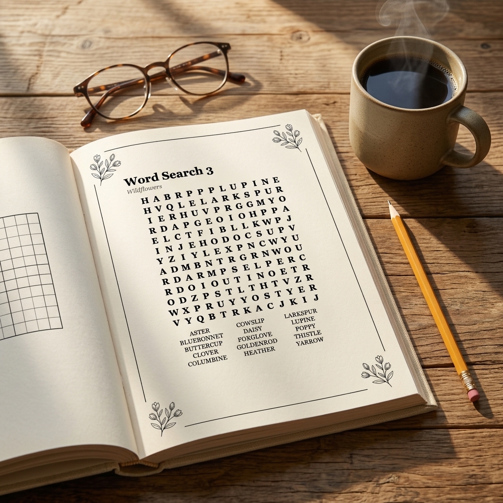 Morning coffee and word search puzzle book flat lay