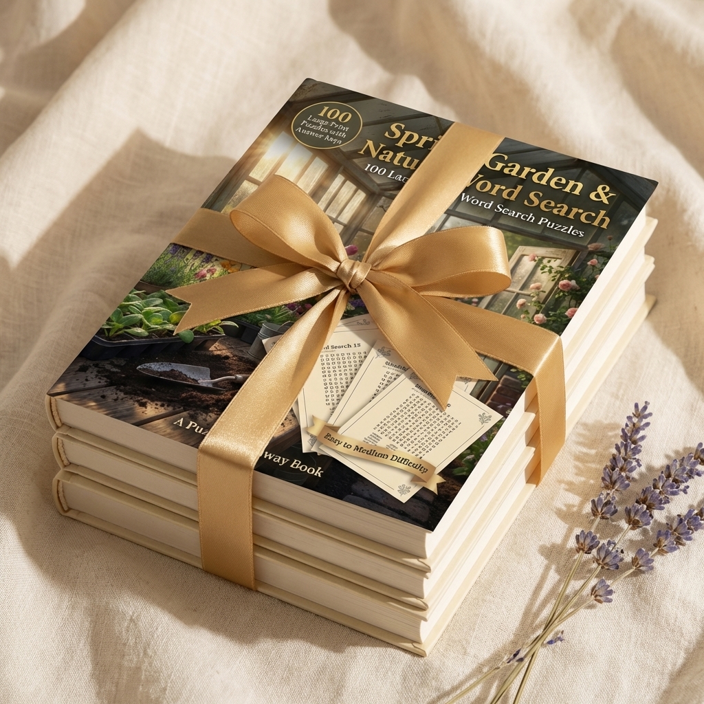 Puzzle books wrapped as a gift with ribbon