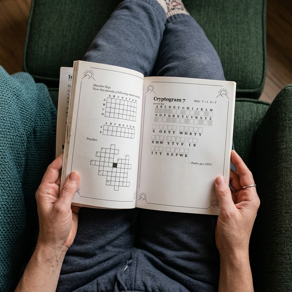 Cozy reading with a puzzle book in an armchair