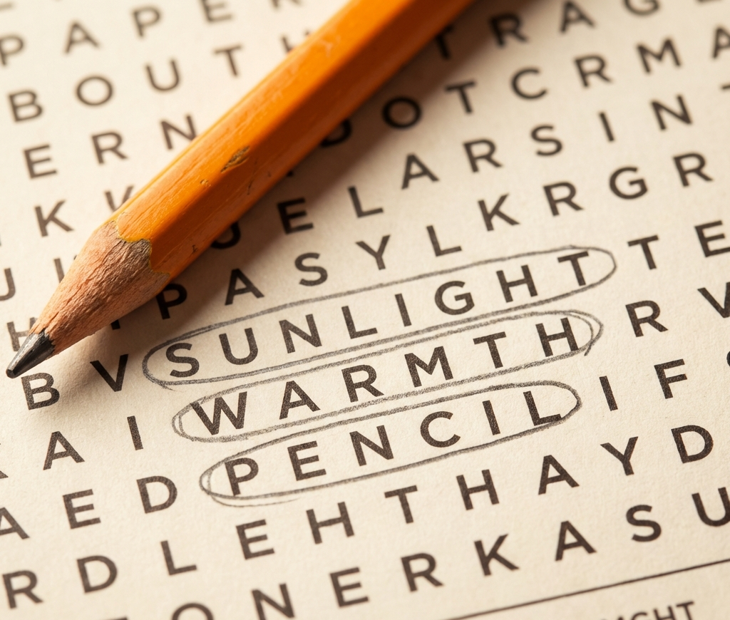 Close-up of pencil on word search puzzle grid